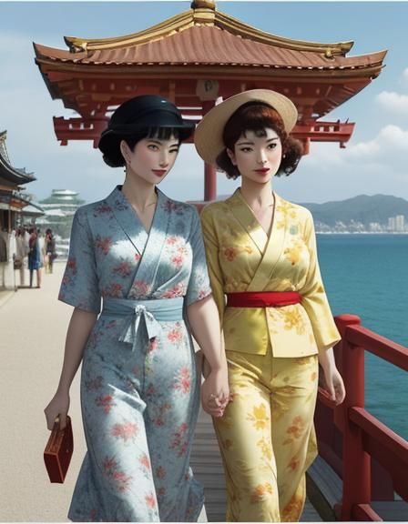 Art by Édouard Manet, inspired by lesbian pulp noir fiction paperback cover collage, summer time stroll along the pier w...