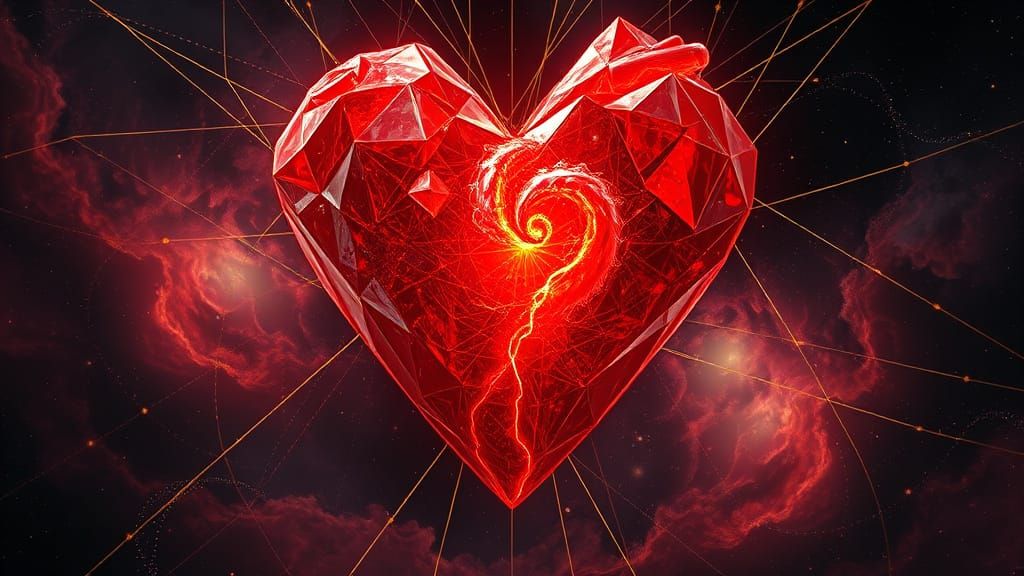 Pulsating Fire Crystal Heart in Surreal Nebulae