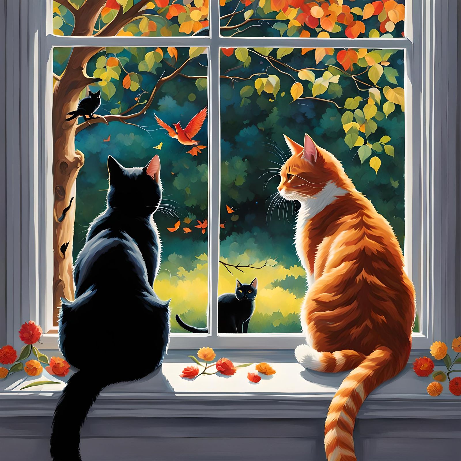Ginger and Black Cats Watching Birds