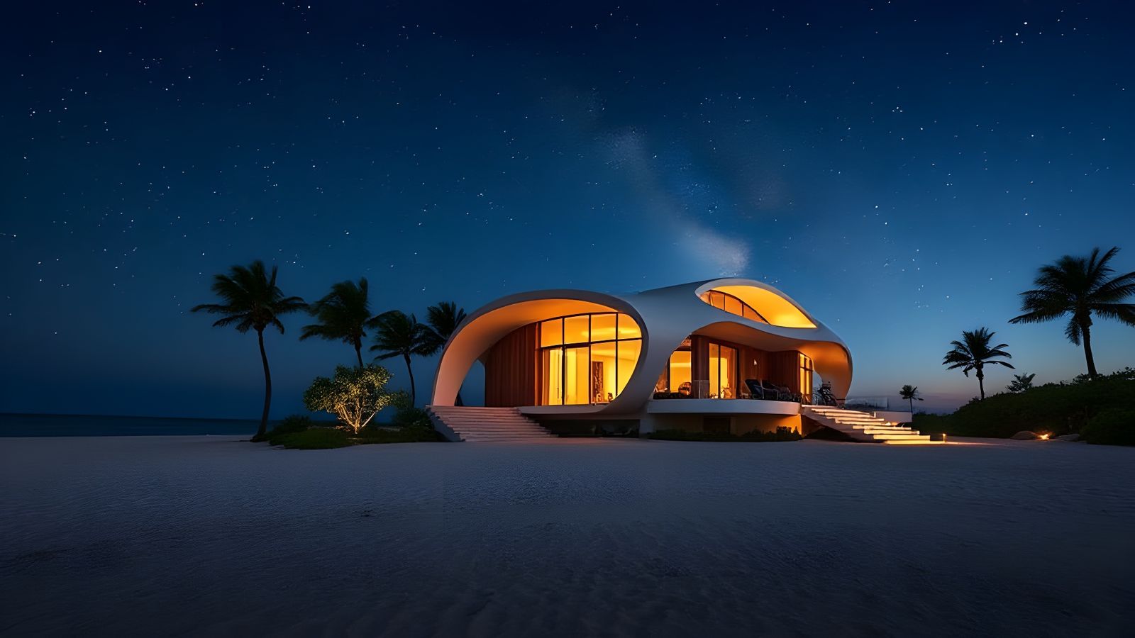 Futuristic Beach House Under Starry Night Sky