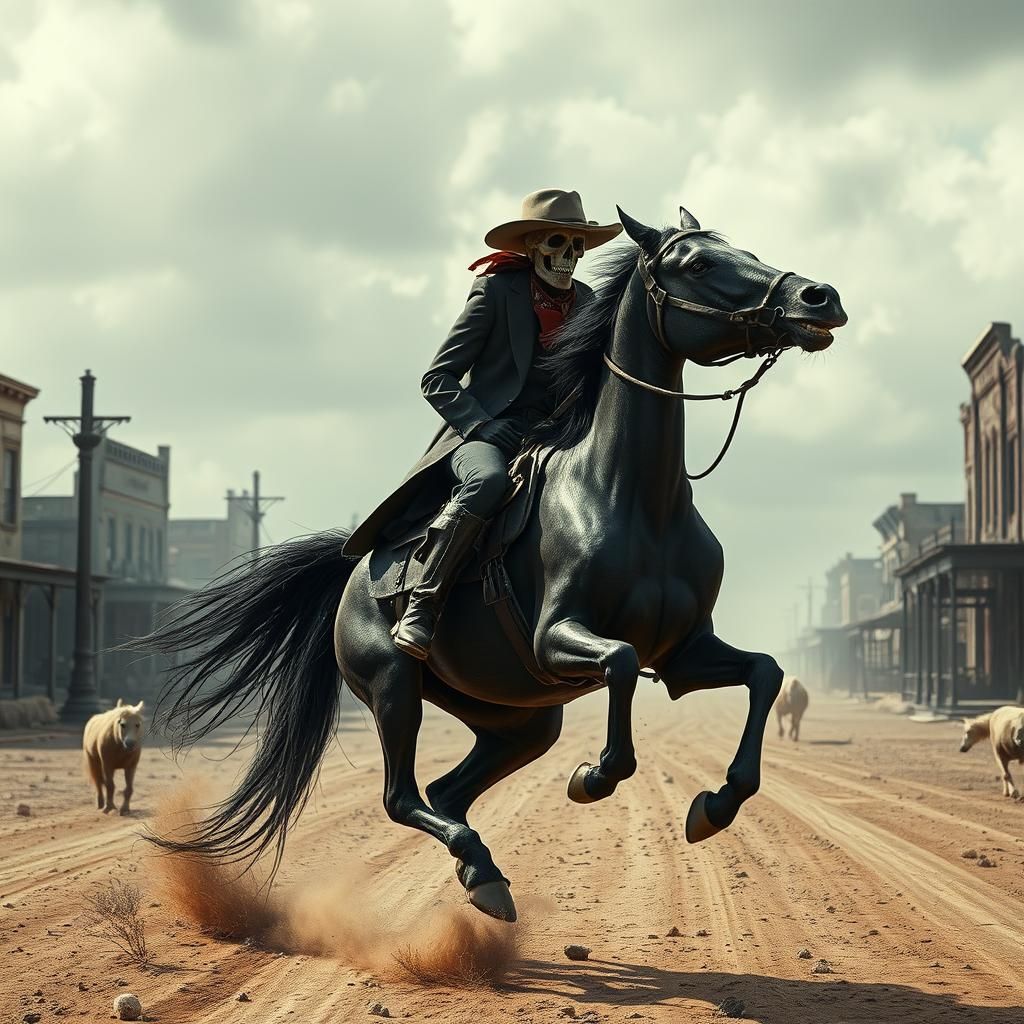 Skeleton Cowboy Rides Through Abandoned Western Town