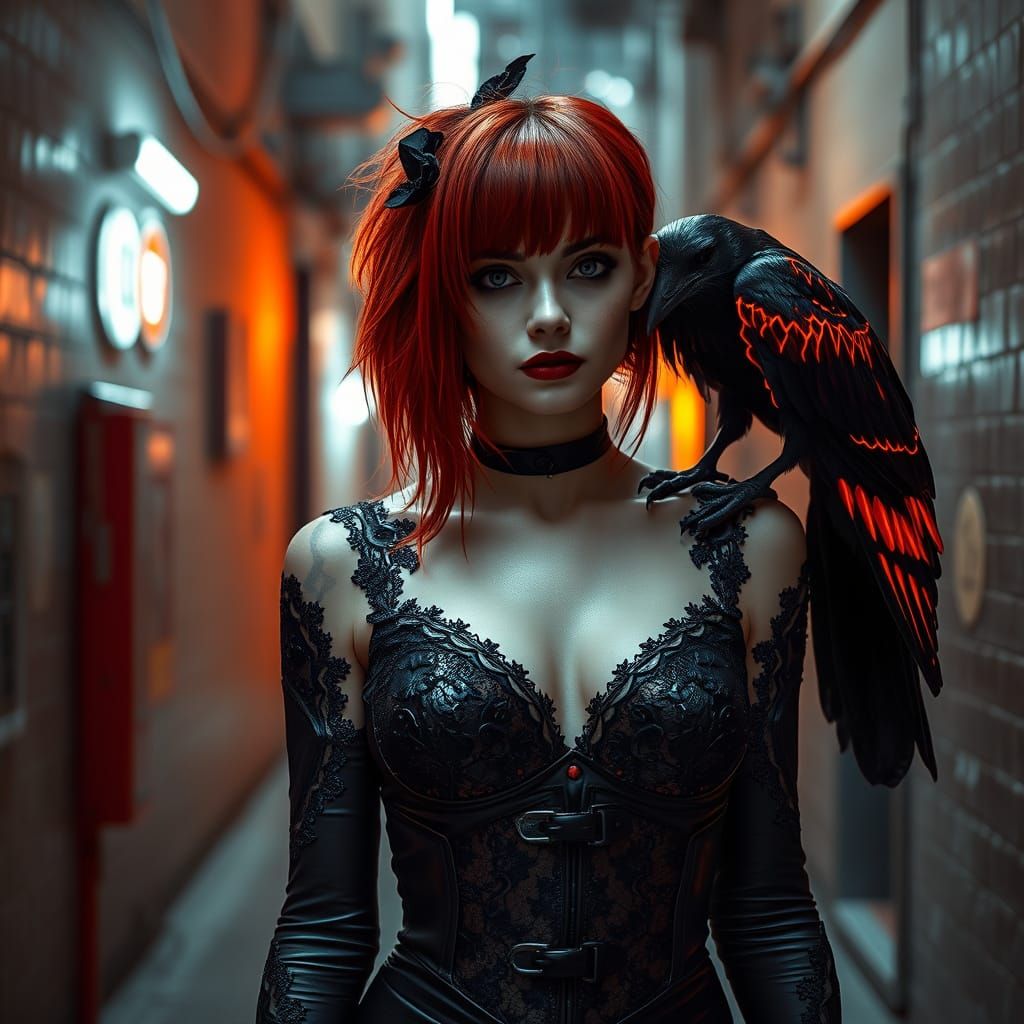 Goth Woman with Raven in Cyberpunk Alleyway