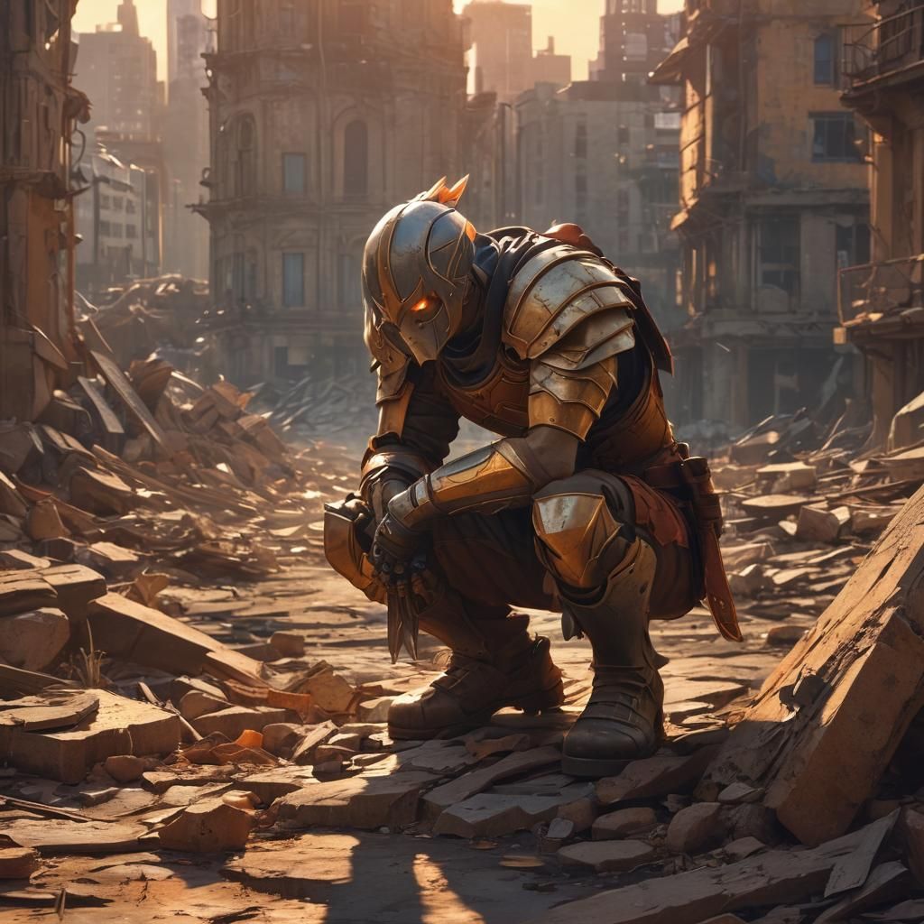Warrior's Anguish in Ruined City: Anime Illustration