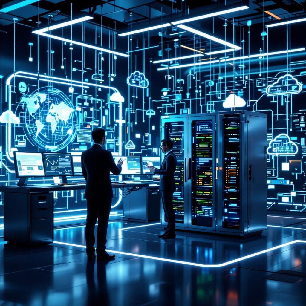 Futuristic Tech Office with Holographic IT Team & Servers