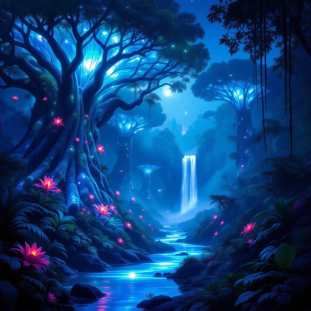 Bioluminescent Jungle With Crystalline Trees