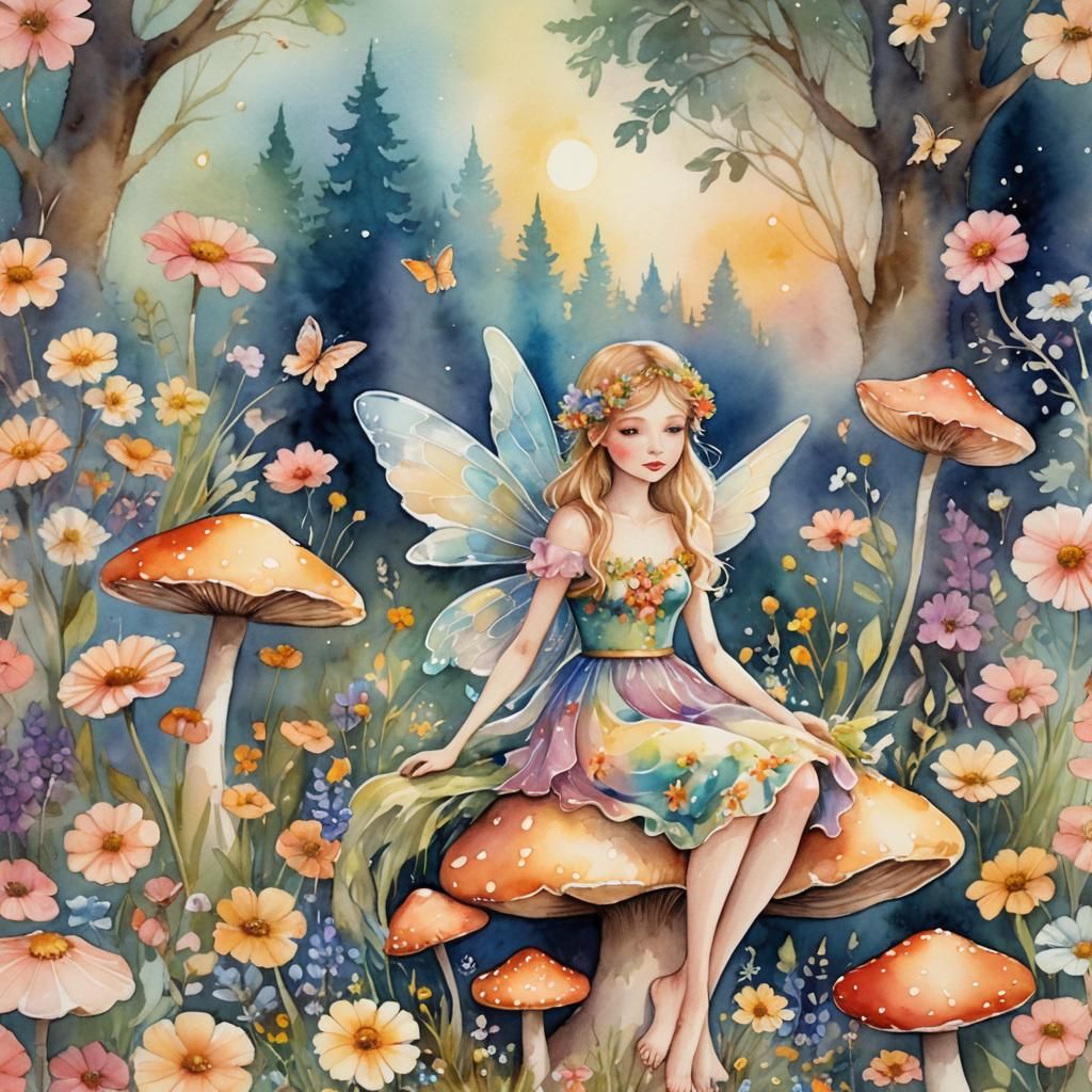 Delicate Fairy on Toadstool in Watercolor Style