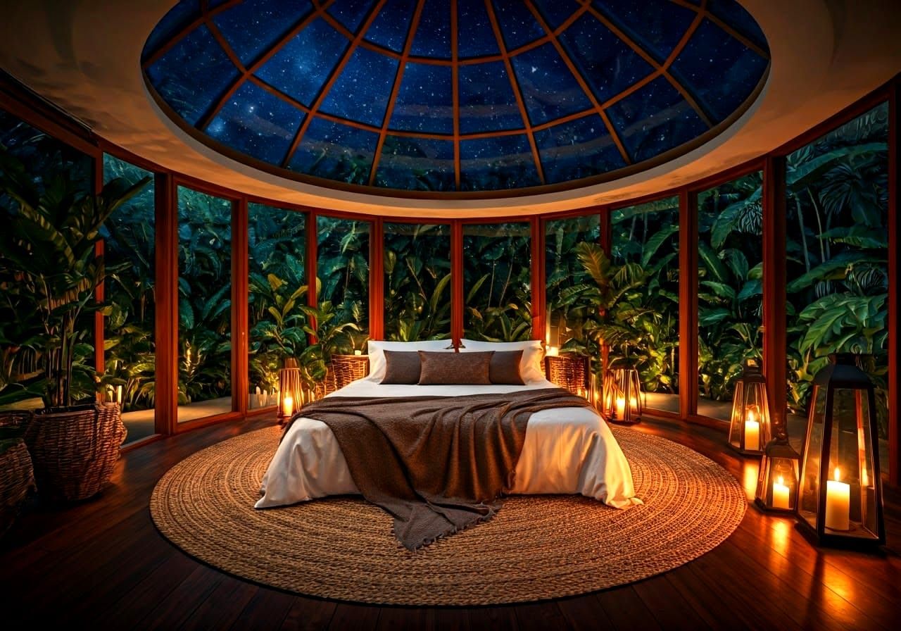 Rainforest Oasis with Glass Ceiling and Starry Night Sky