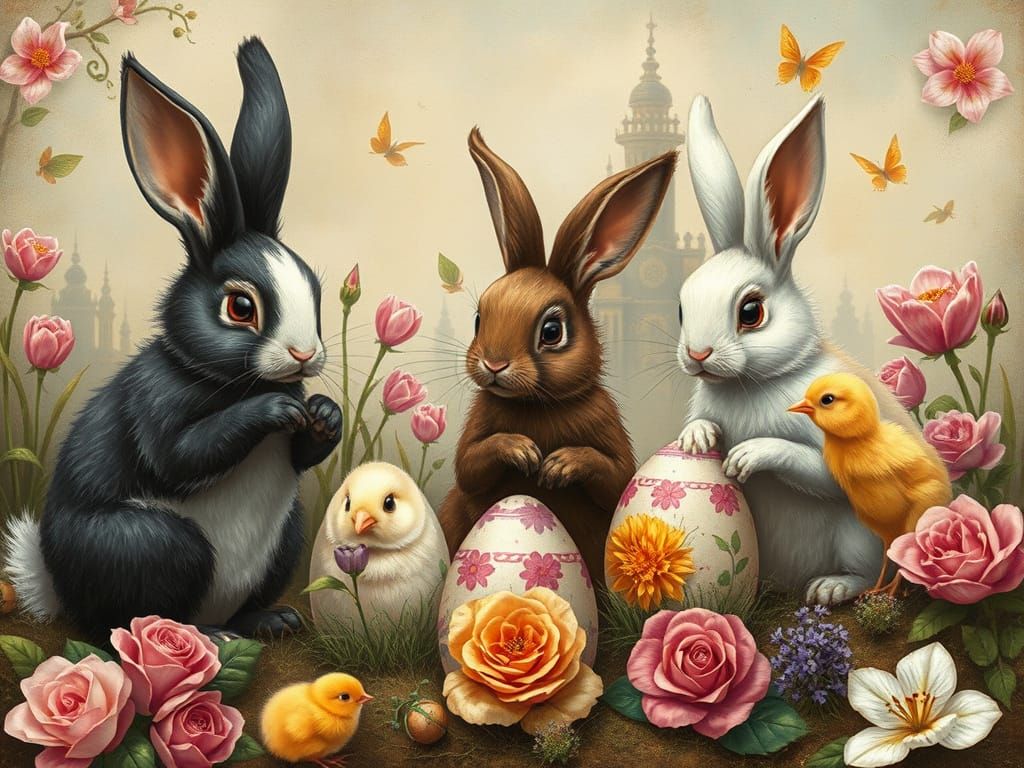 Whimsical Easter Scene with Bunnies Painting Eggs