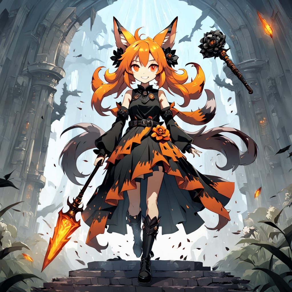 Demon Fox Girl Stands at Hell's Gate in Anime Style