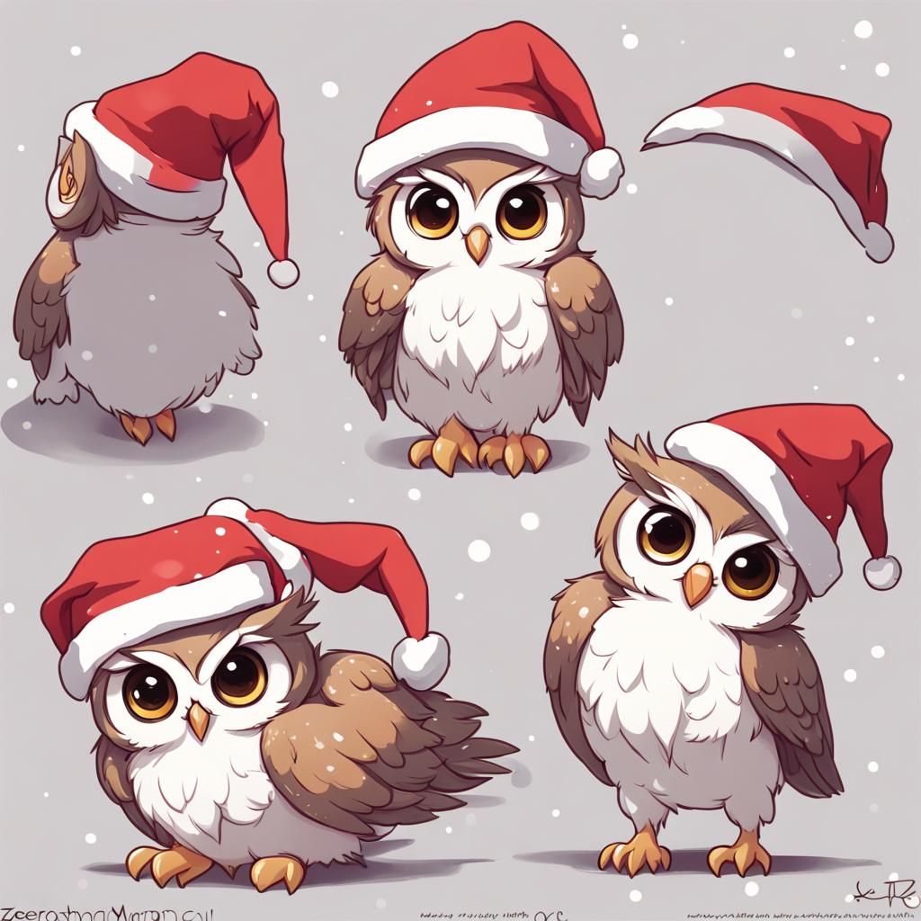 Anime Style Owl with Christmas Hat