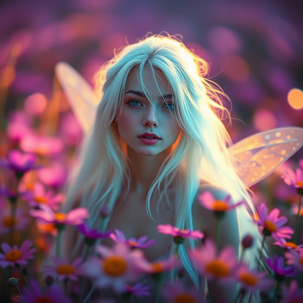 Ethereal Fairy Amidst Vibrant Ultraviolet Flowers in a Cinem...