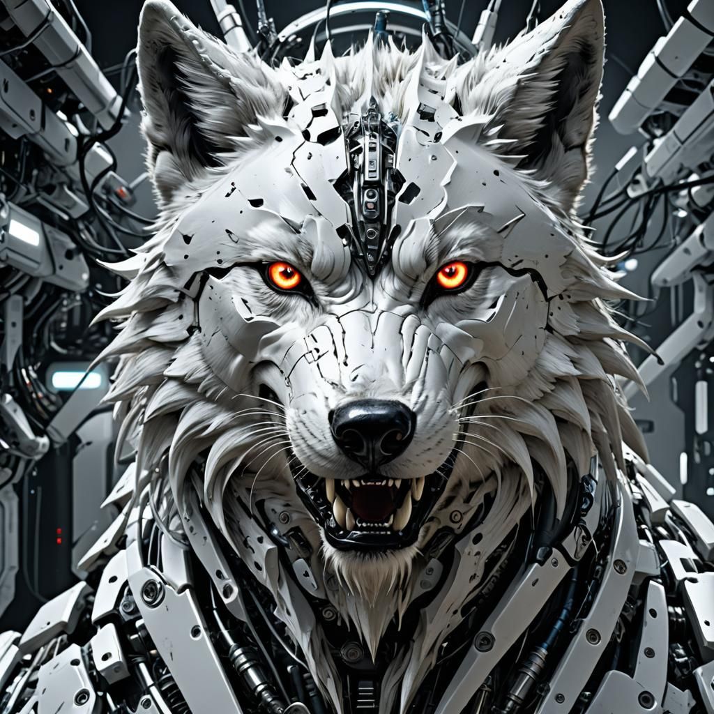 Cybernetic White Wolf with Computer Eye in Cyberpunk Style