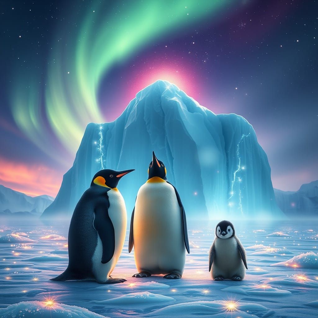 Majestic Iceberg Scene with Emperor Penguins and Twinkling S...