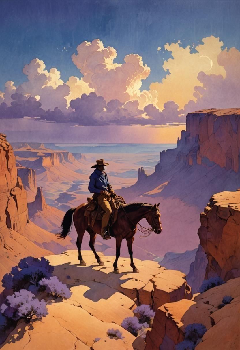 Cowboy and Horse in Canyon, Parrish-Style Illustration