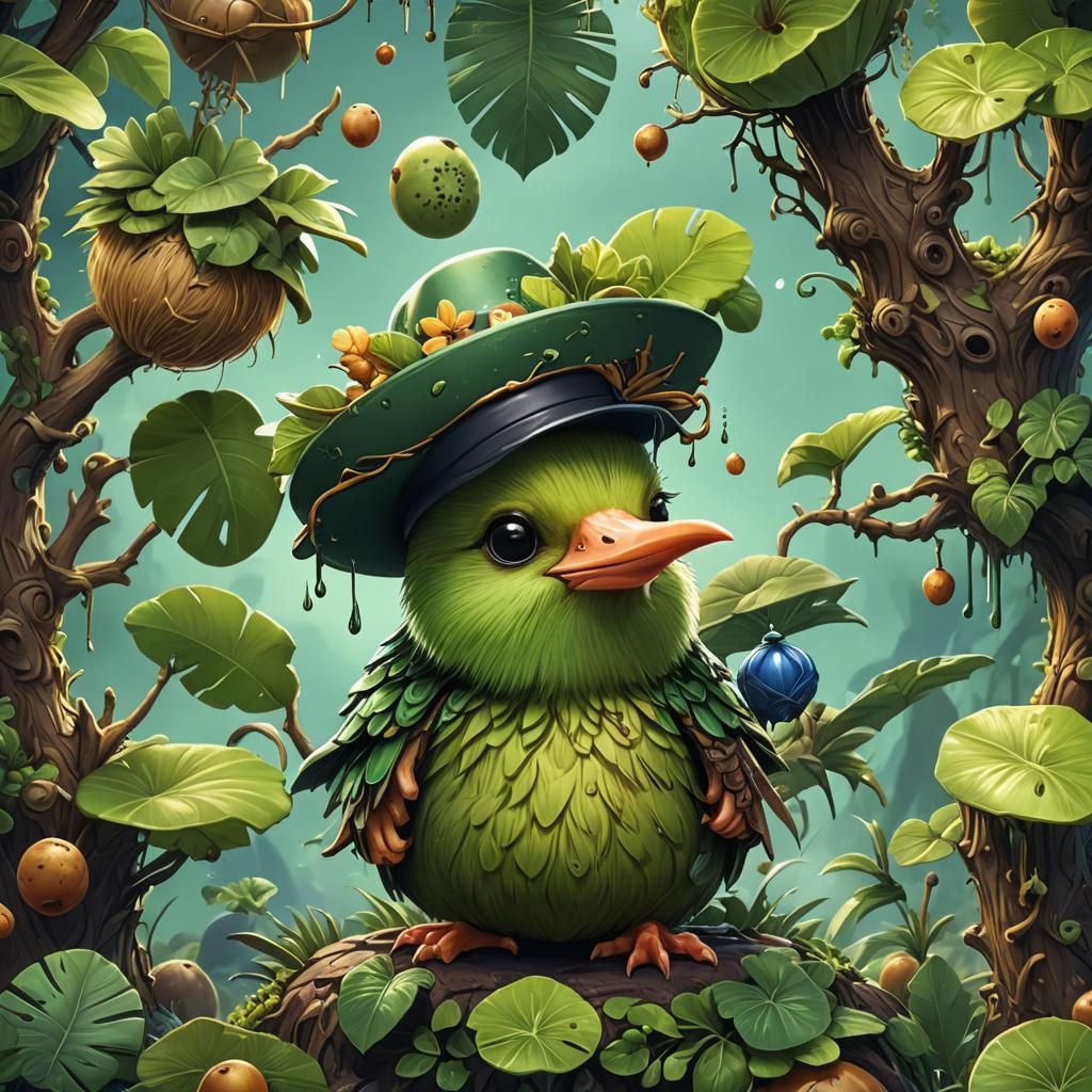 Chibi Kiwi Bird with Hat: Detailed Digital Painting