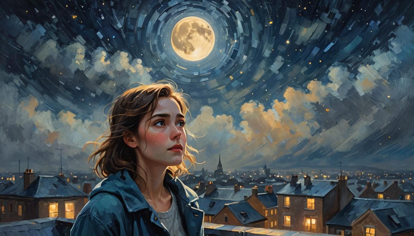 Woman Gazing at Moon in Romantic Expressionism