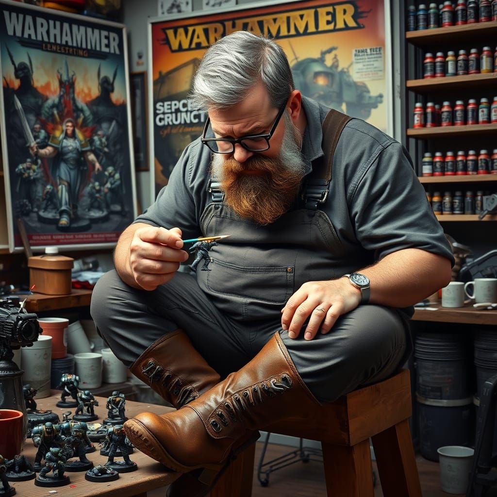 Warhammer Miniature Painter Concentrating Intensely