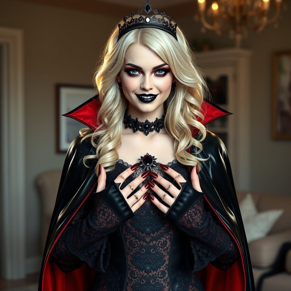 Sultry Vampire Goddess in Shimmering Black and Red Attire