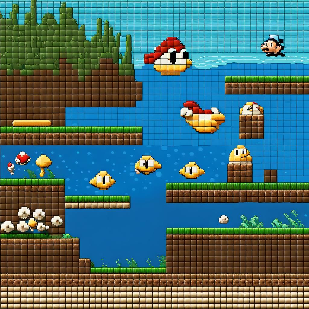 Mario Underwater Pixel Art Mosaic with Cheep Cheeps