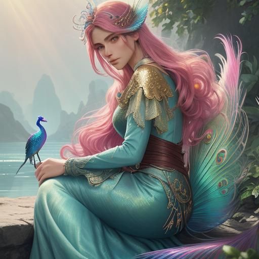 Peacock Feather Mermaid Fantasy in Art Nouveau Style