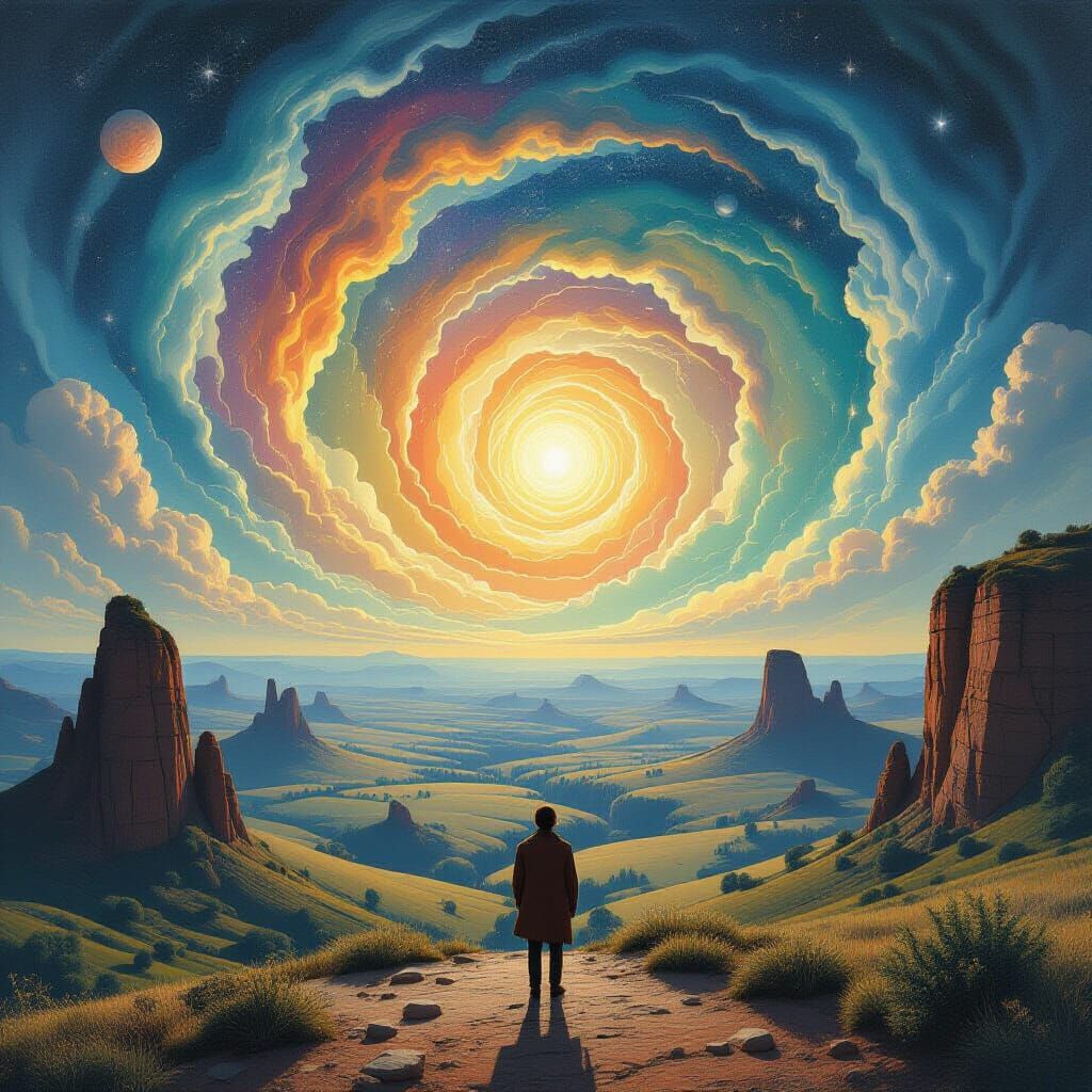 Cosmic Surrealism: Figure in Dreamlike Landscape