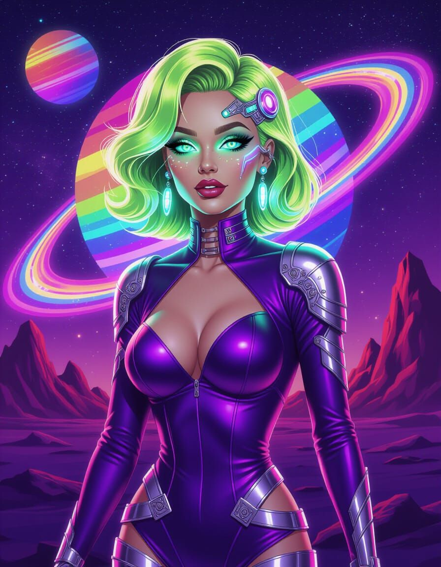 Atomic Age Cyborg Portrait with Neon Saturn Sky