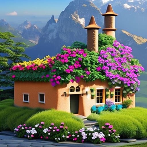 Charming Cobble House Adorned with Flowers