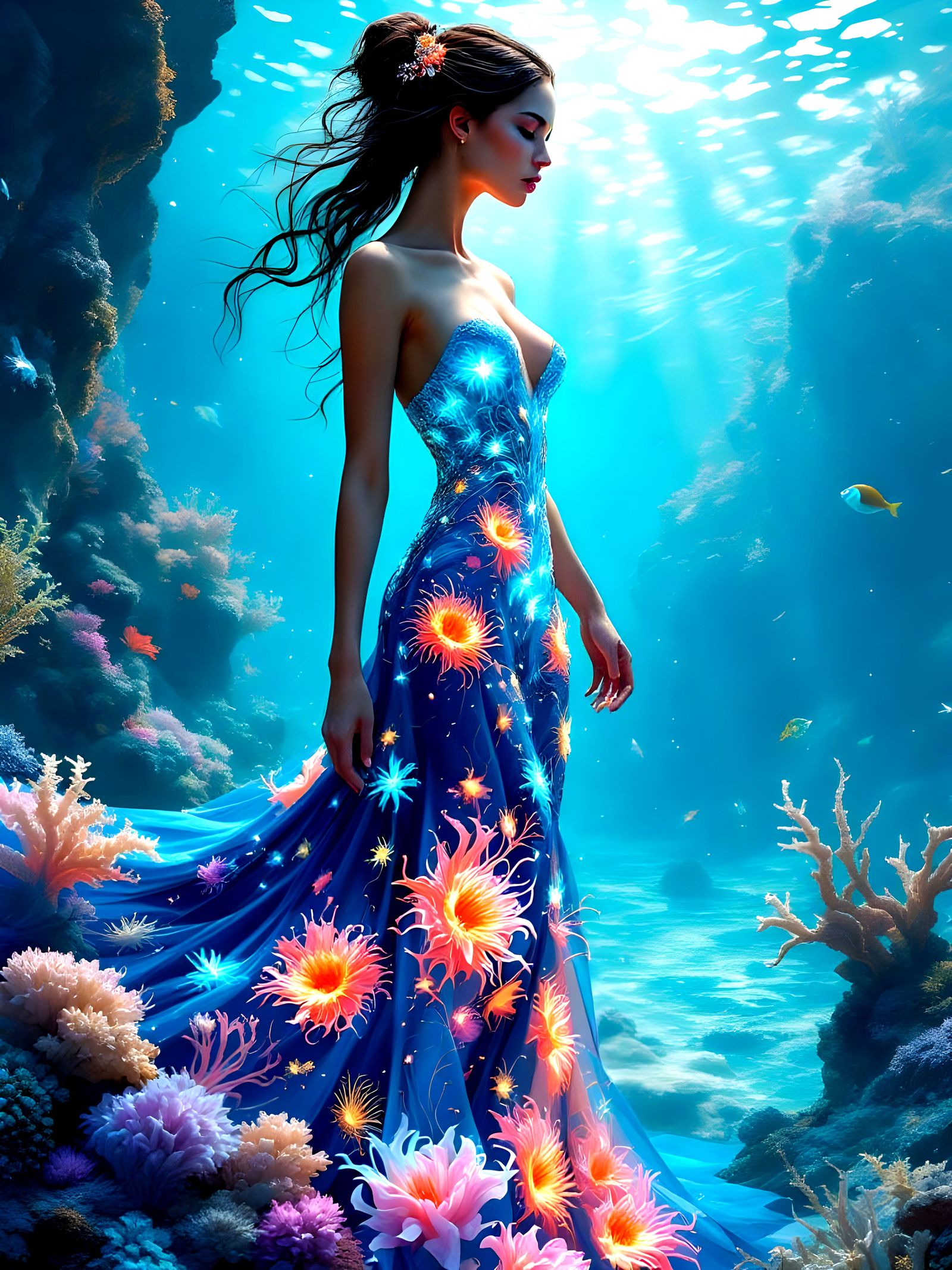 Woman in Bioluminescent Gown: Hyper-Detailed Airbrush Oil Pa...