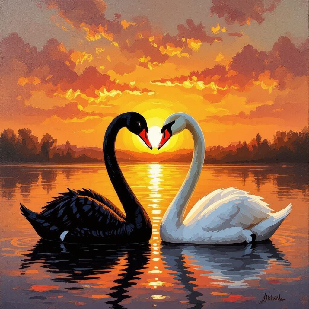 Two Swans Forming Heart at Sunset, Impressionistic Oil Paint...