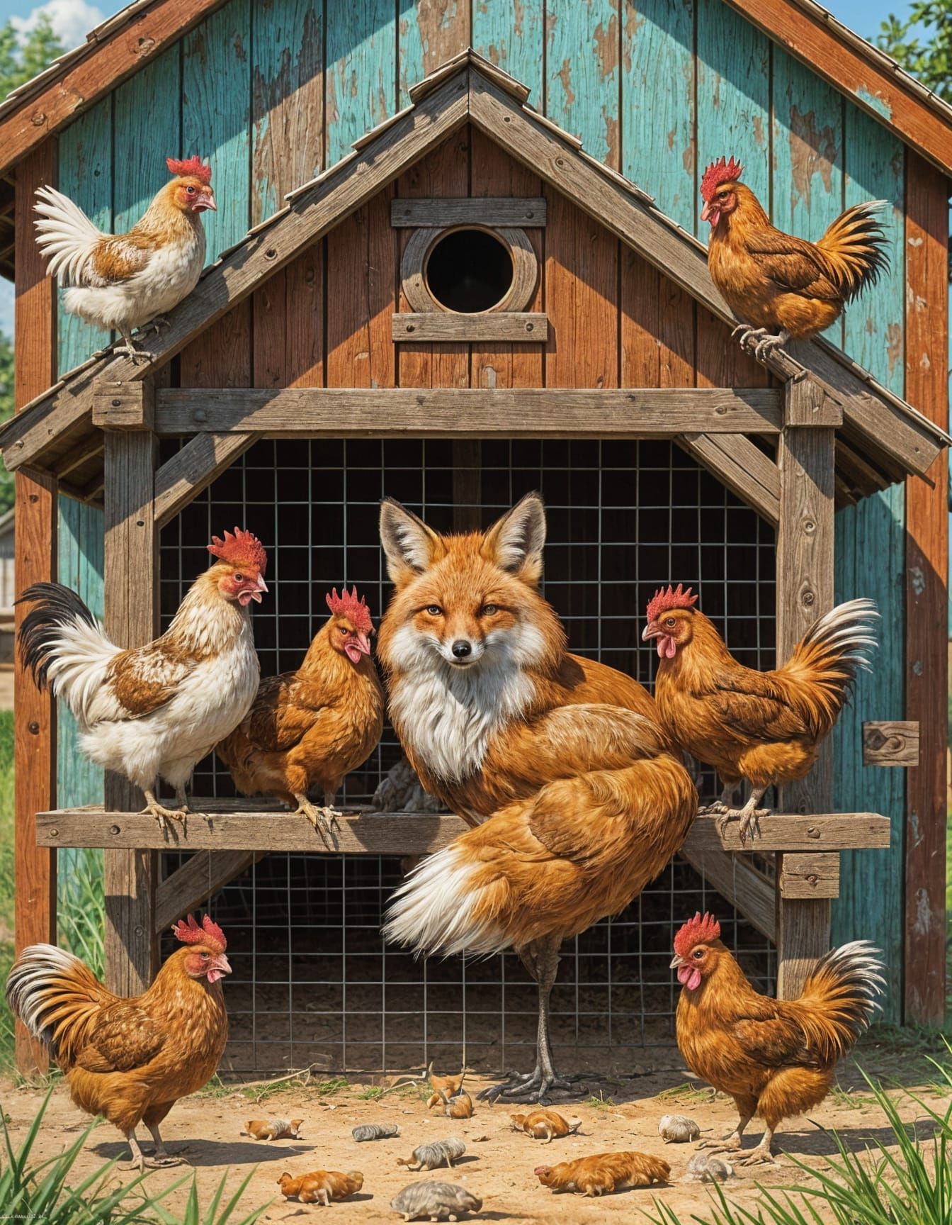 Hyperrealistic Fox Cuddles Roosters in Chicken Coop