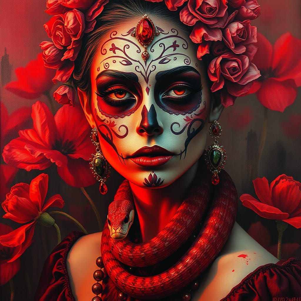 Woman with Catrina Makeup and Crimson Snake