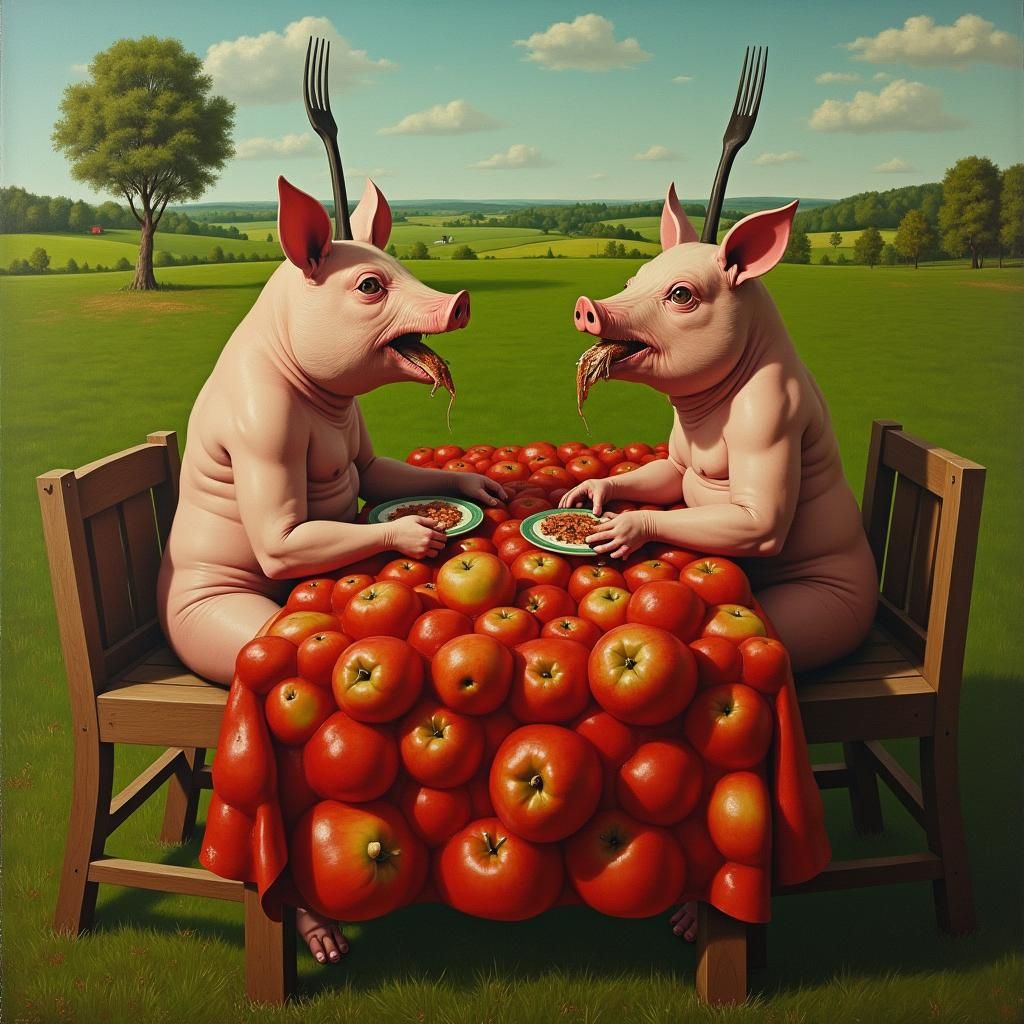 Surreal Creatures Feast in Lush Green Field