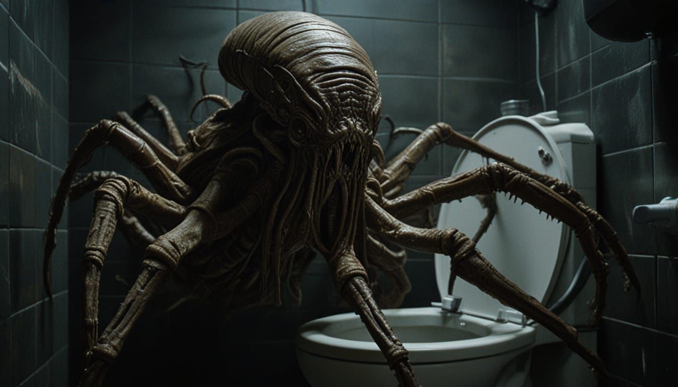 Twisted Facehugger Horror in Murky Bathroom Waters