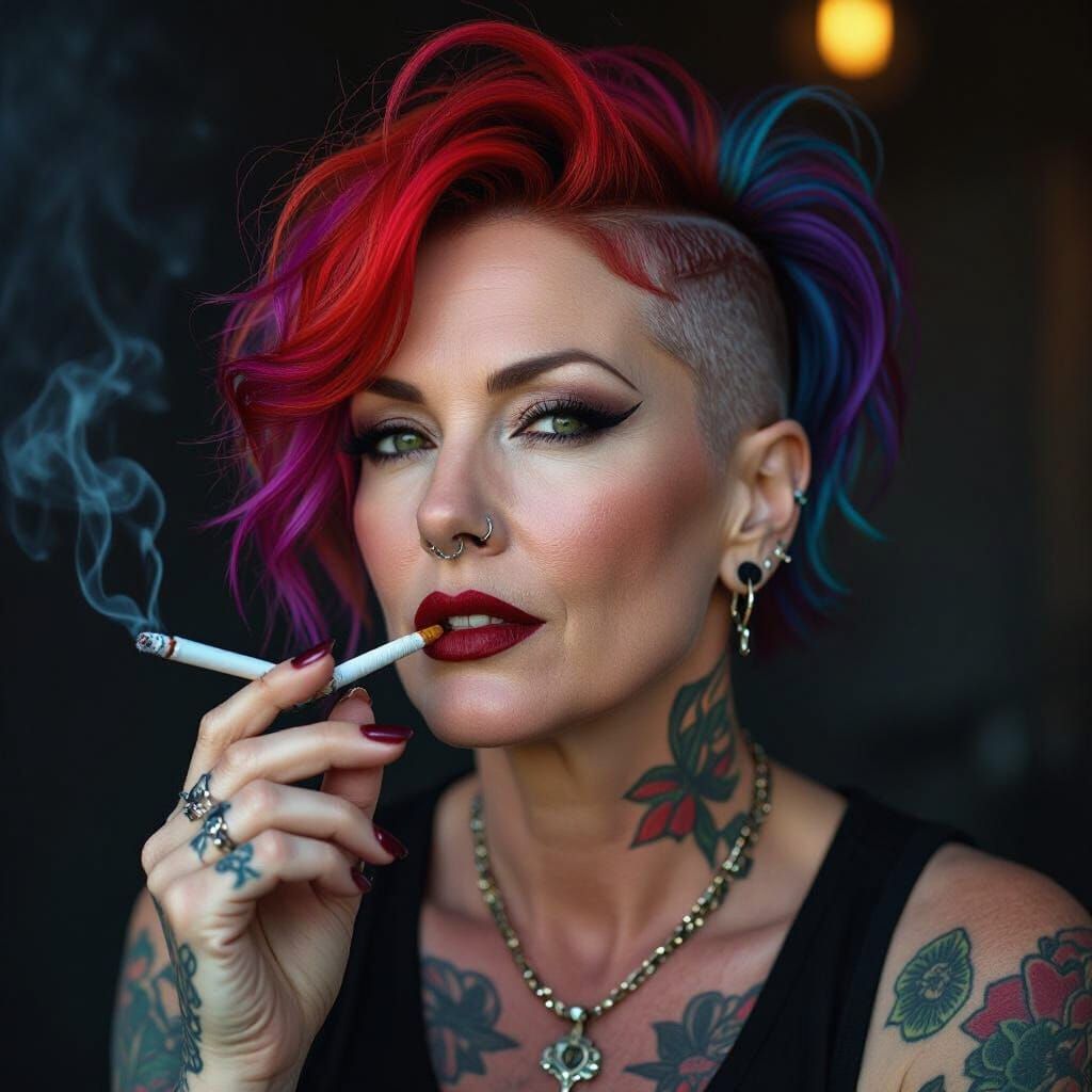 Vibrant Punk Woman with Tattoos and Black Lipstick