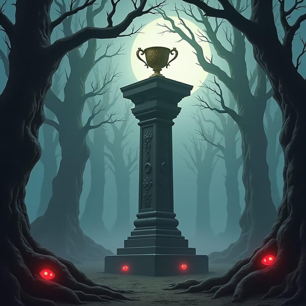 Mystical Pillar and Golden Cup in Dark Forest