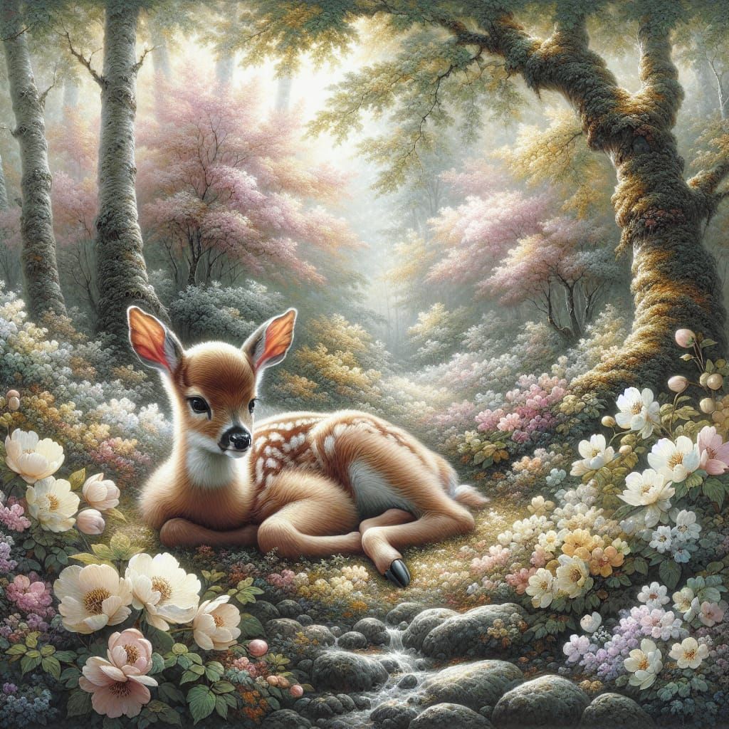 Fawn Resting in Spring Forest: Matte Painting