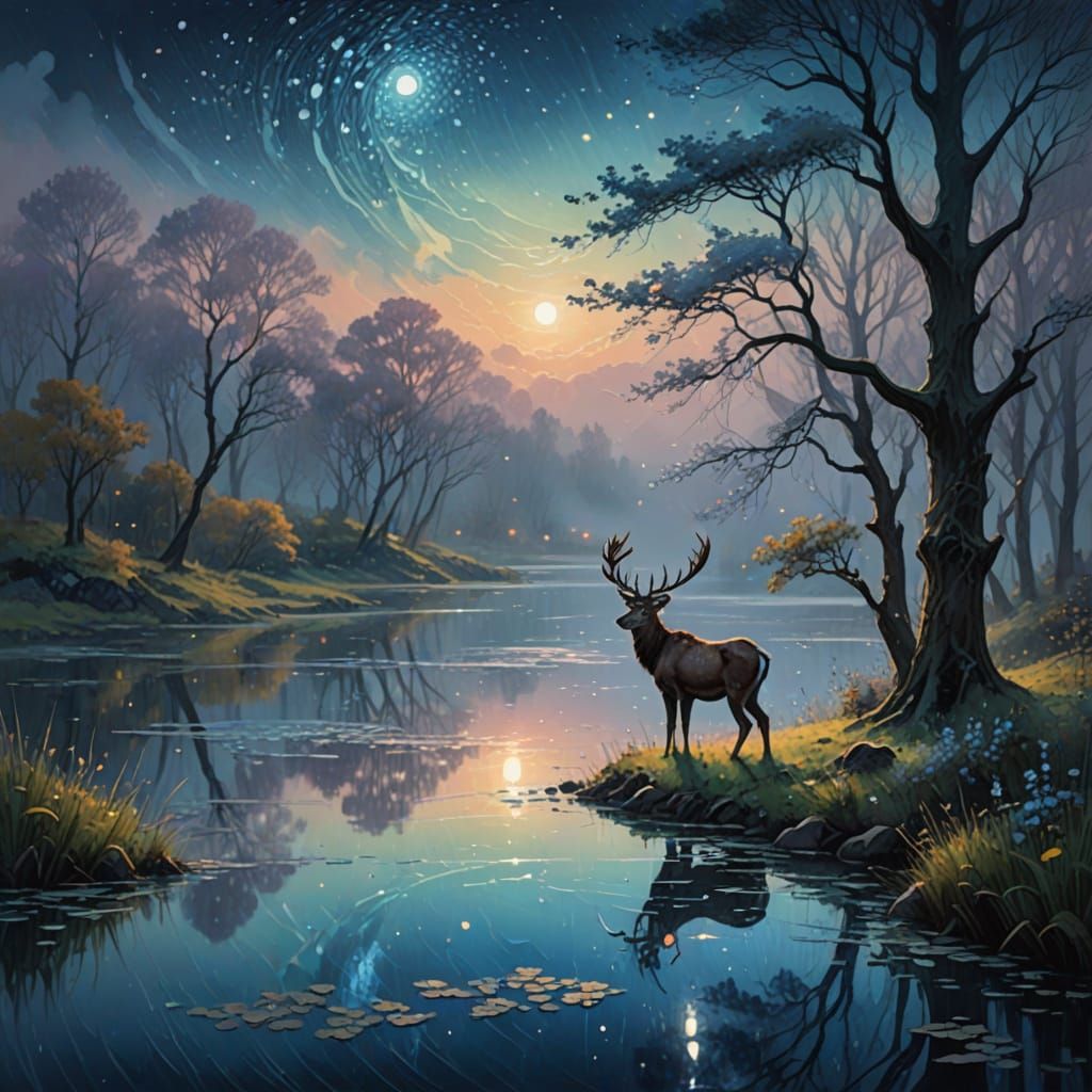 Stag on Lake of Lace in Dreamlike Fantasy Landscape