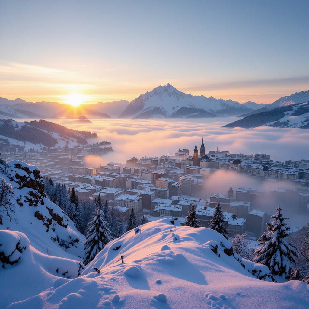 Foggy Zurich Cityscape from Snowy Mountain Peak