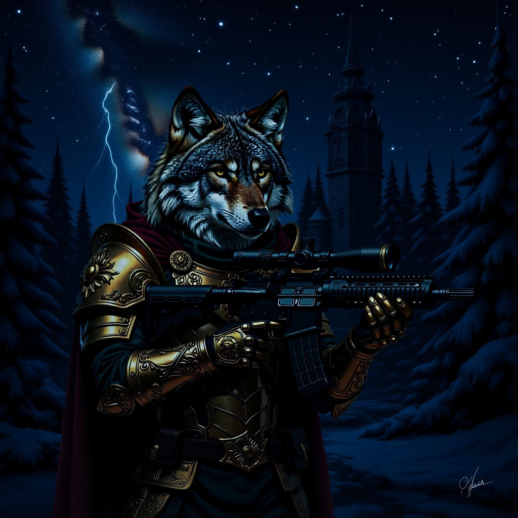 Armored Wolf with Rifle in Front of Castle