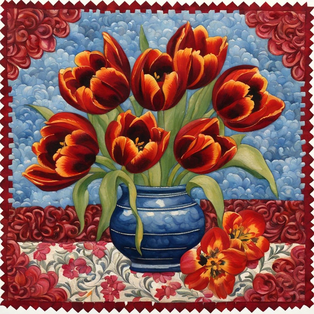 Vibrant Impasto Tulips on Swirling Patchwork