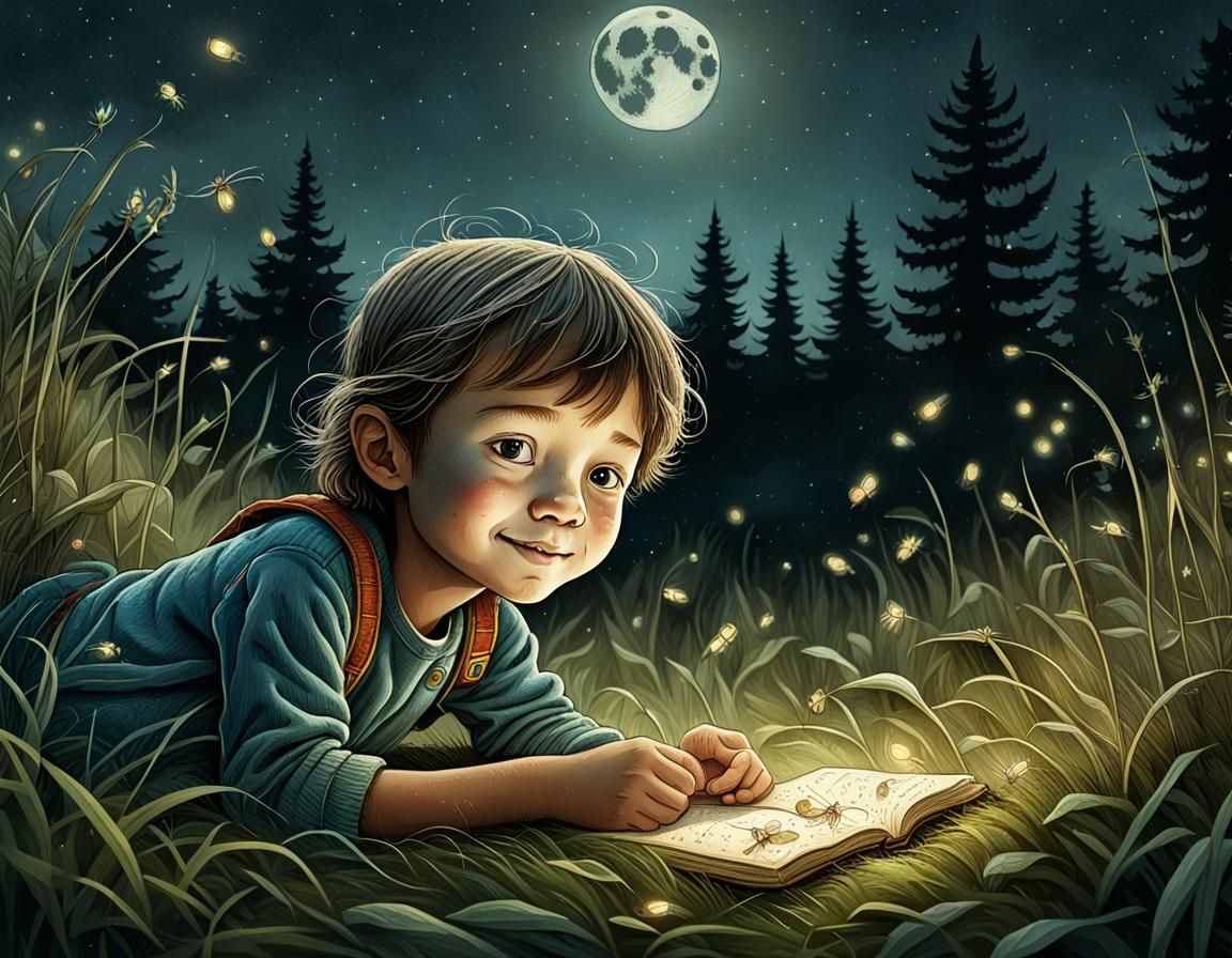 Childhood Wonder: Fireflies Under the Moon, Hyperrealistic I...