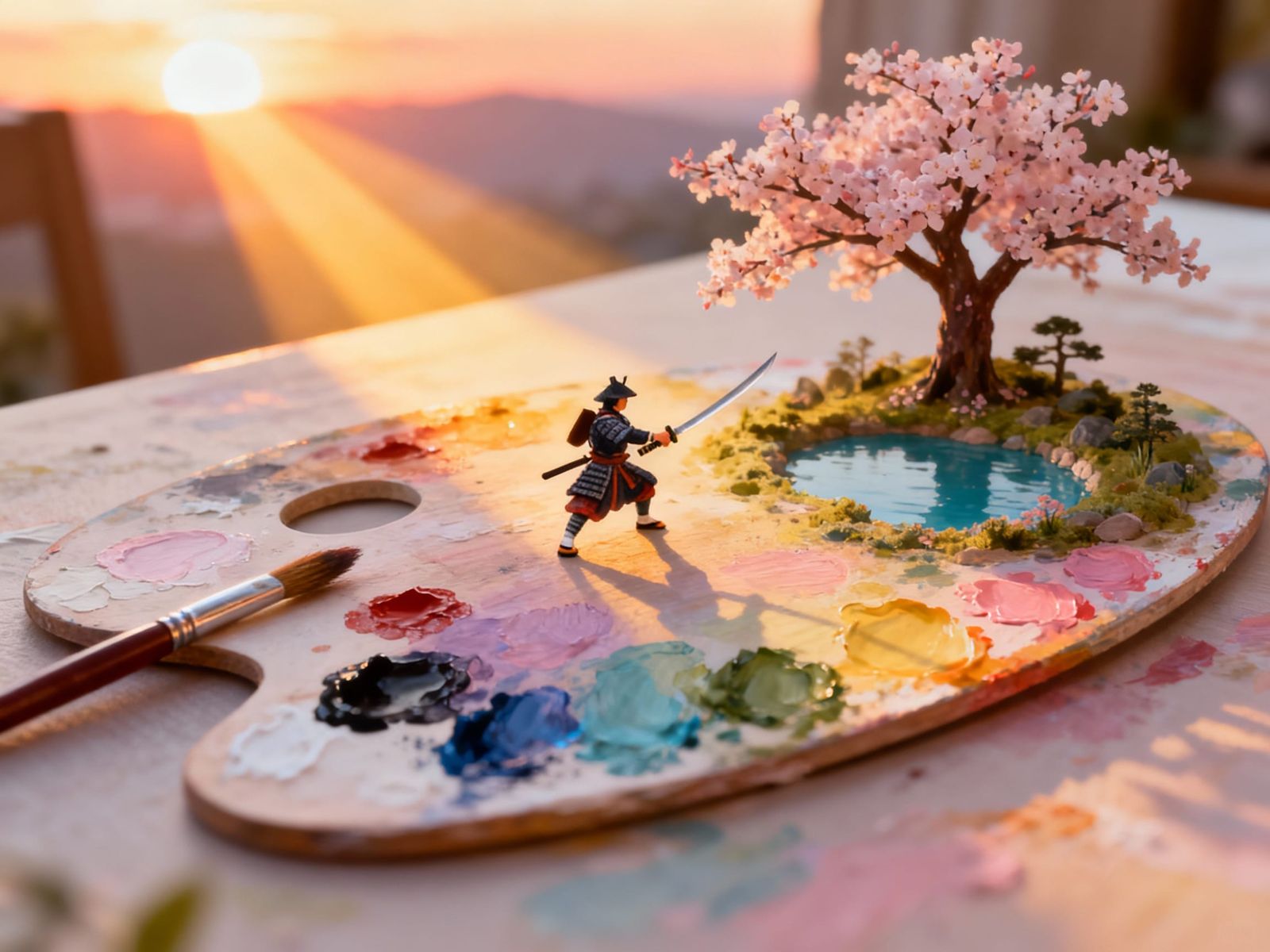 Miniature Japanese World Painted on Palette with Samurai