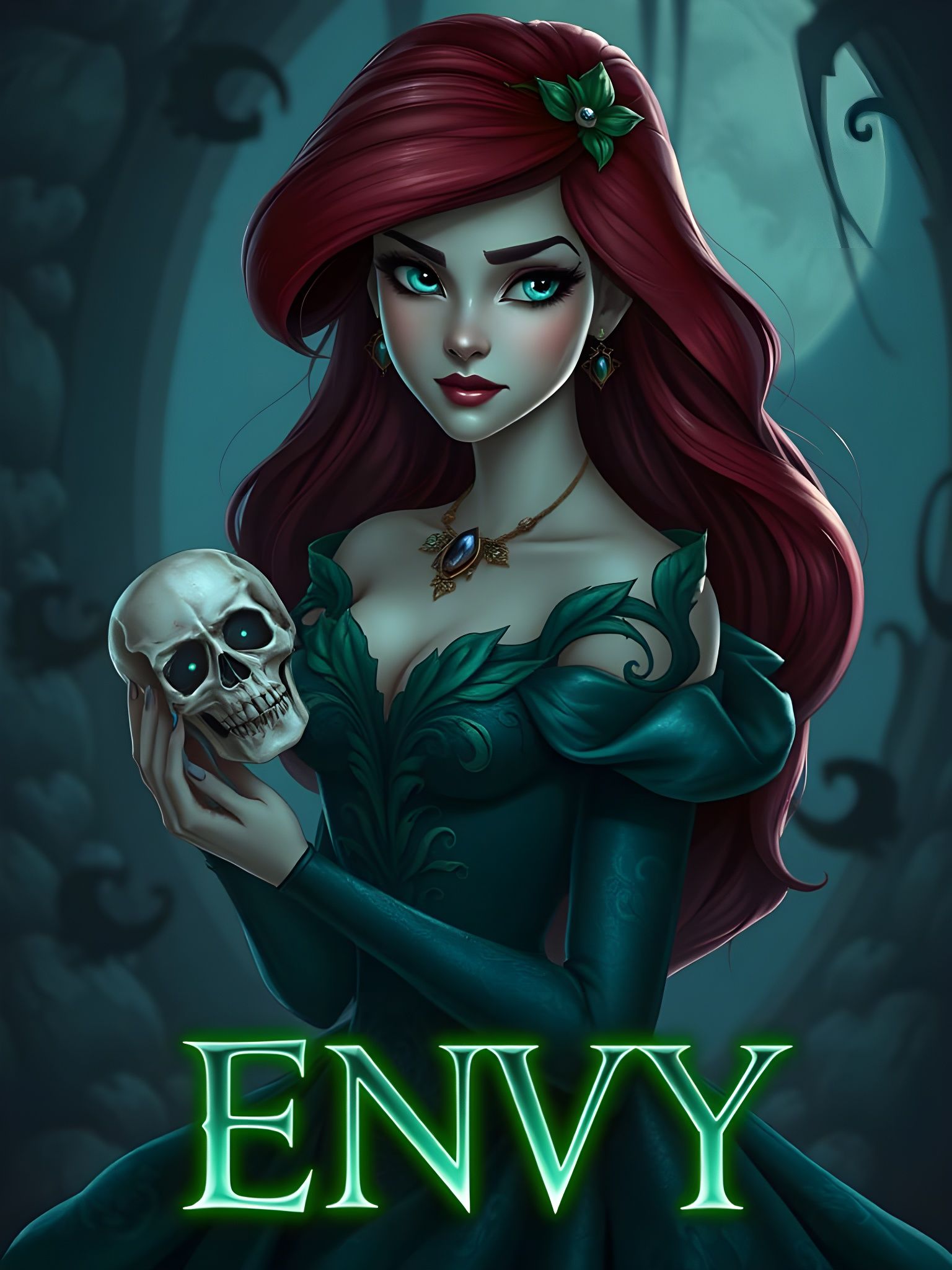 Realistic Disney Princess Envy with Dark Green Dress and Sku...