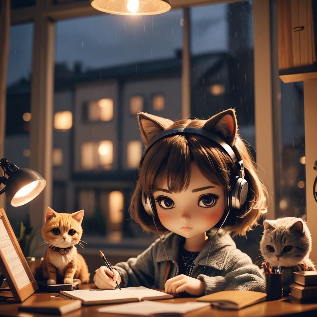 Anime Blythe Doll Studying on Rainy Night