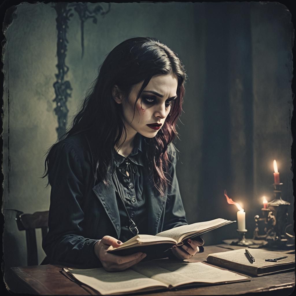 Cinematic Vampire Woman Writes Sins in Diary