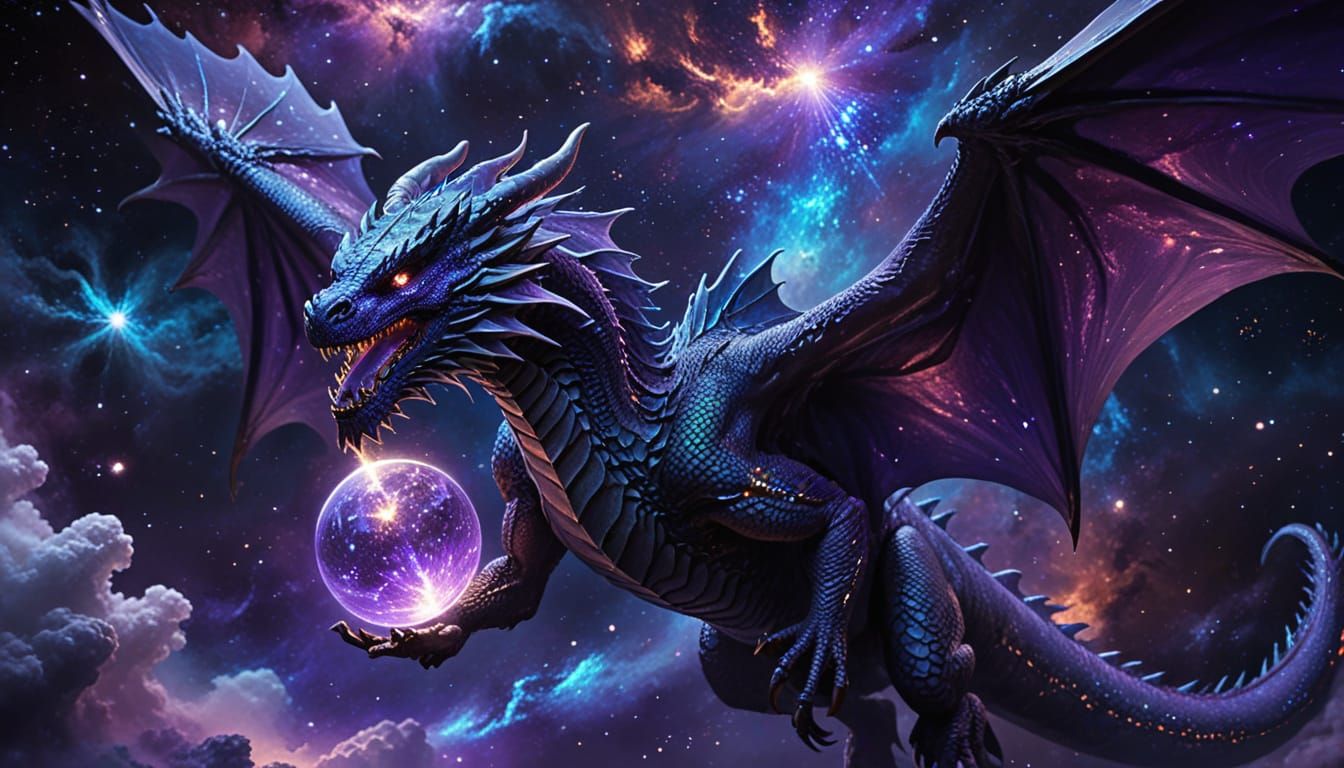 Diticing Dragon Soaring Through Nebula with Glowing Orb