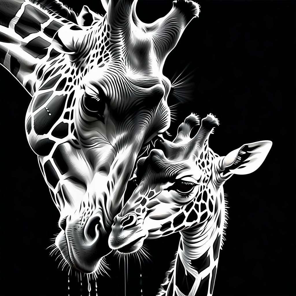 Giraffe Mother and Baby in Charcoal with Rainbow Rain