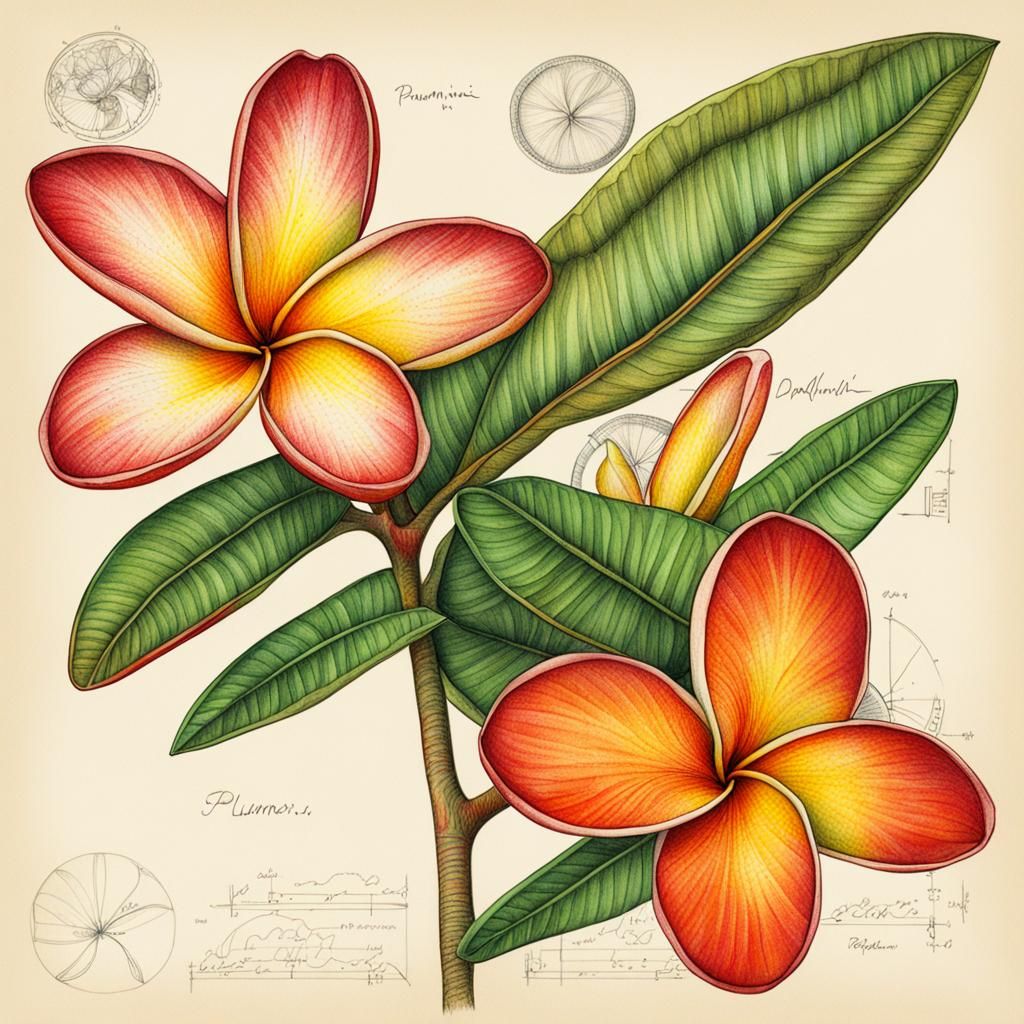 Detailed Botanical Drawing of a Plumeria Flower