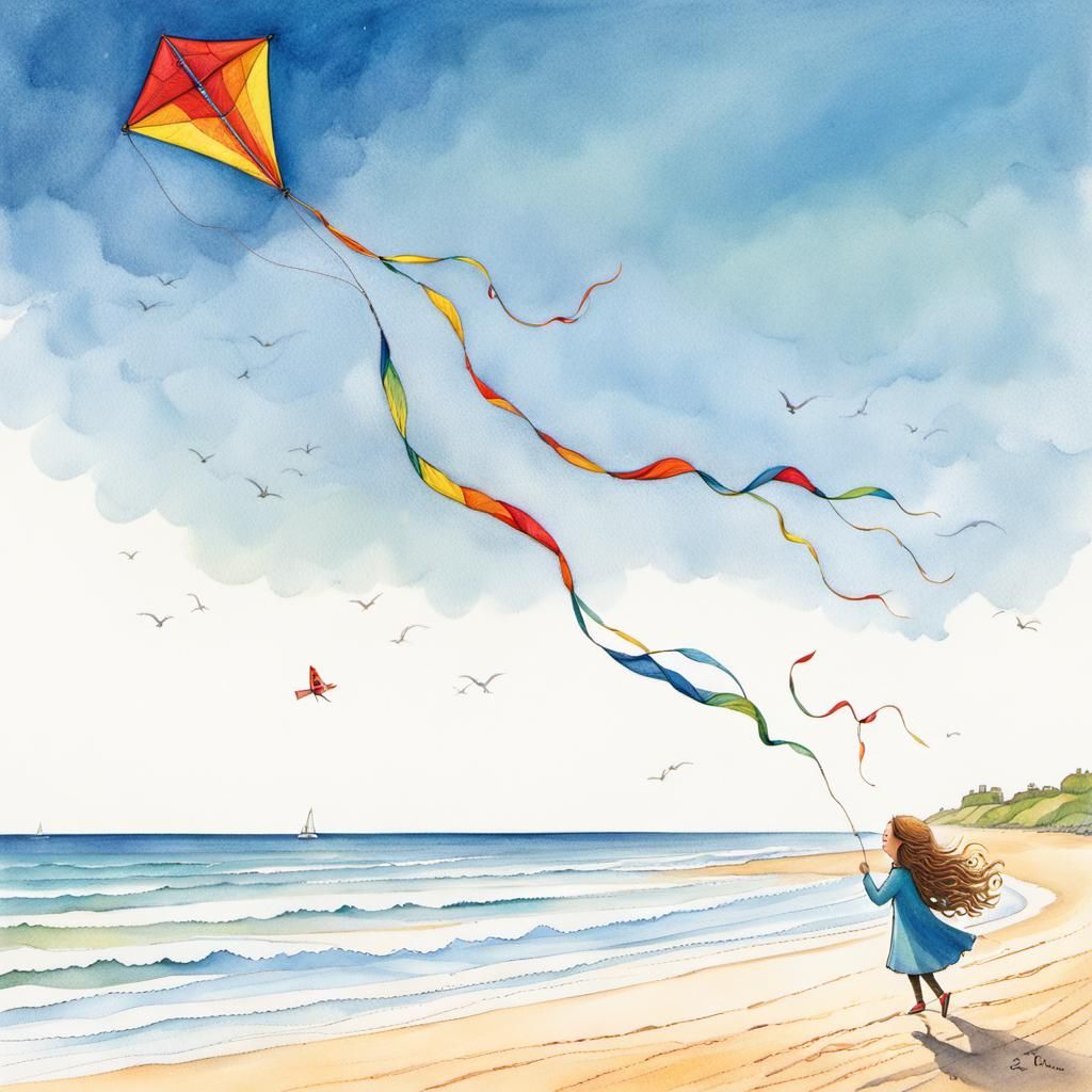 Girl Flying Kite at Beach in Storybook Illustration