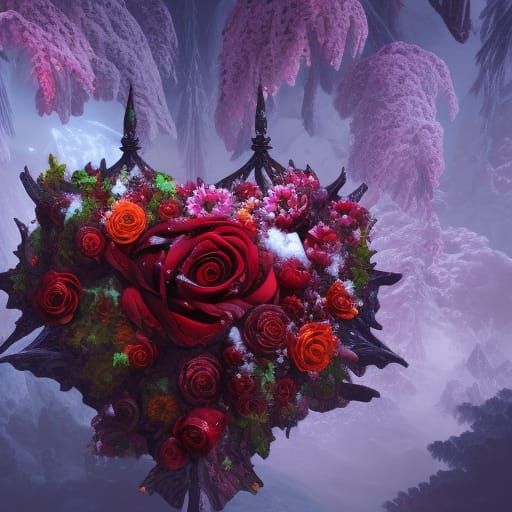 High Gothic Crimson Heart in Snowy Floral Scene